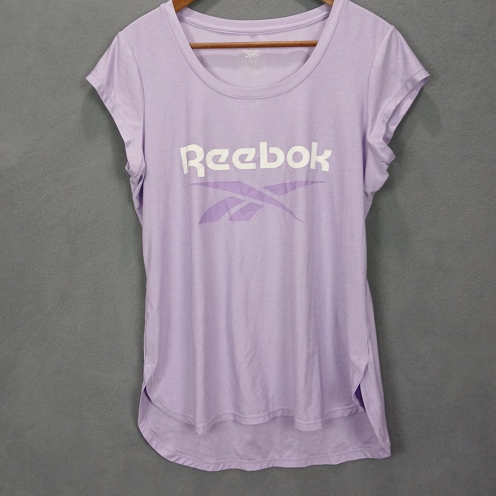 Reebok T Shirt‎ Womens Large Light Purple Graphic Casual Cap Sleeve High Low Hem